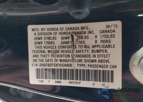 2015 Honda Civic Lx из США, поврежденный, VIN 2HGFB2F53FH534909